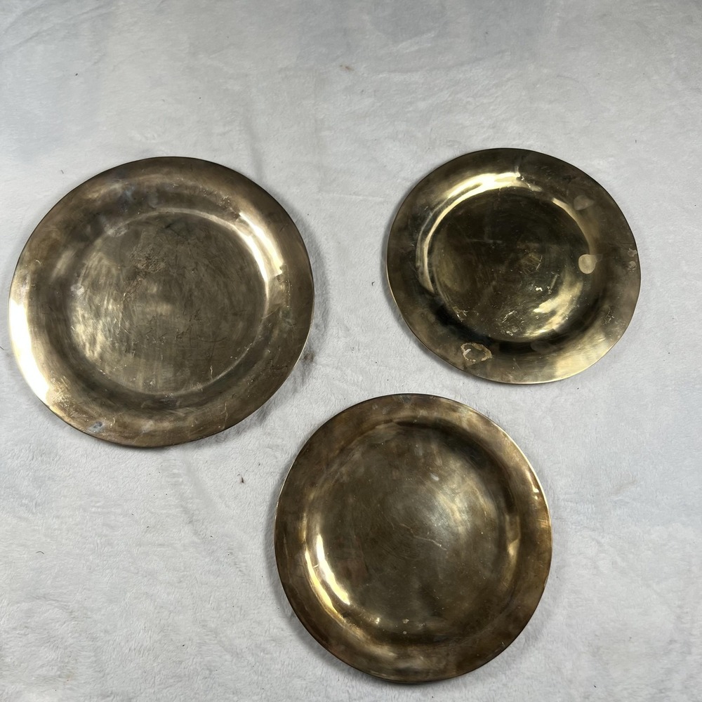 Brass Decorative Plates Set of 3 Round Charger Trays Rustic Patina Lot Gold Tone